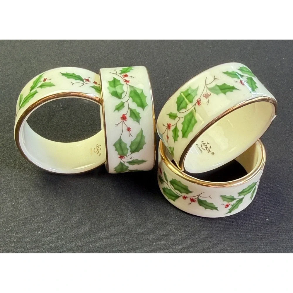 Lenox Holiday Napkin Rings Set of 4 Ivory Bone China Gold Trim Holly Vintage